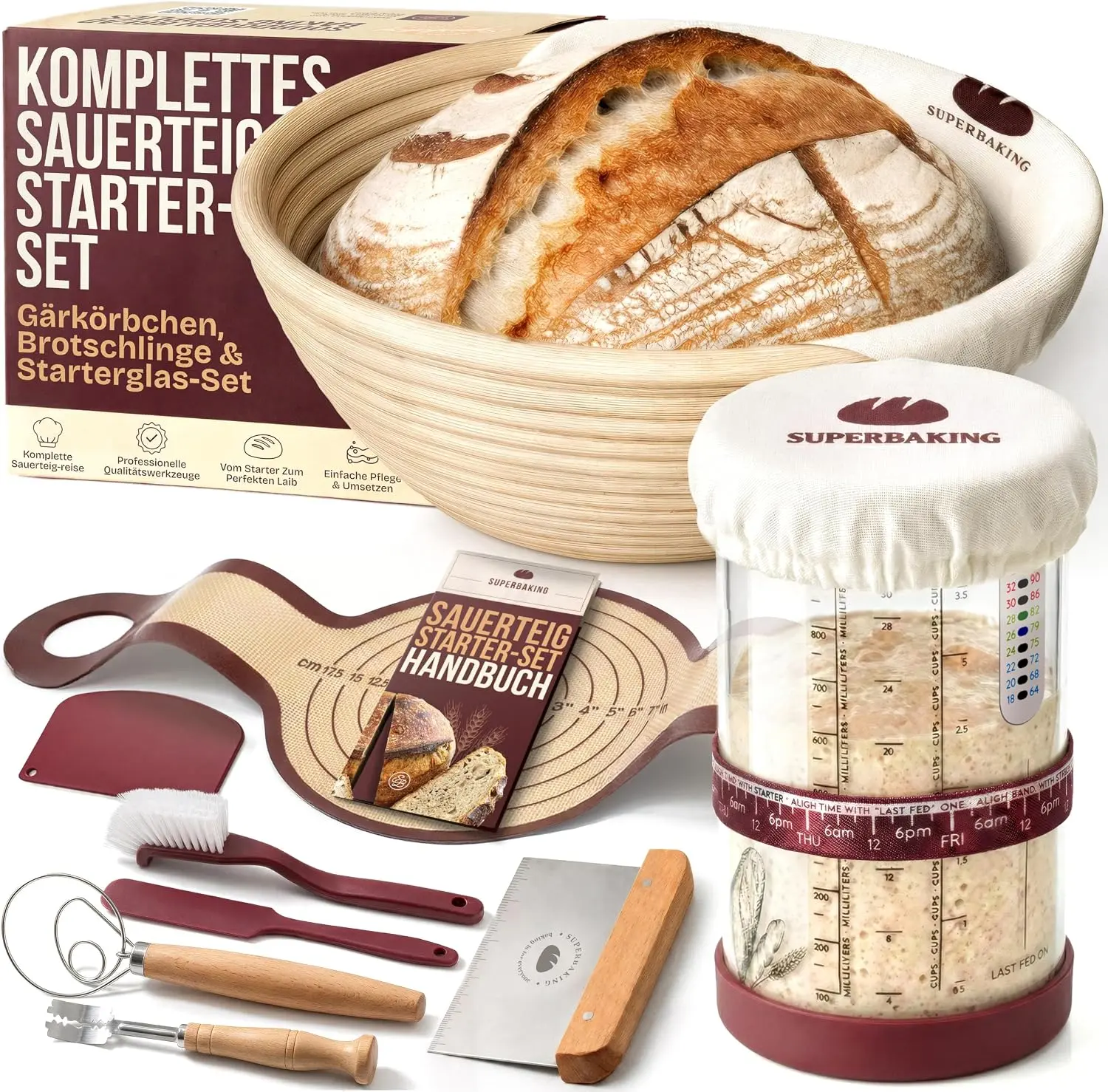 Ein fachlicher Vergleich zeigt das Superbaking Set mit handgeflochtenem Rattan als nachhaltige Sauerteig-Starter-Sets Lösung für die authentische Brotbackkunst.