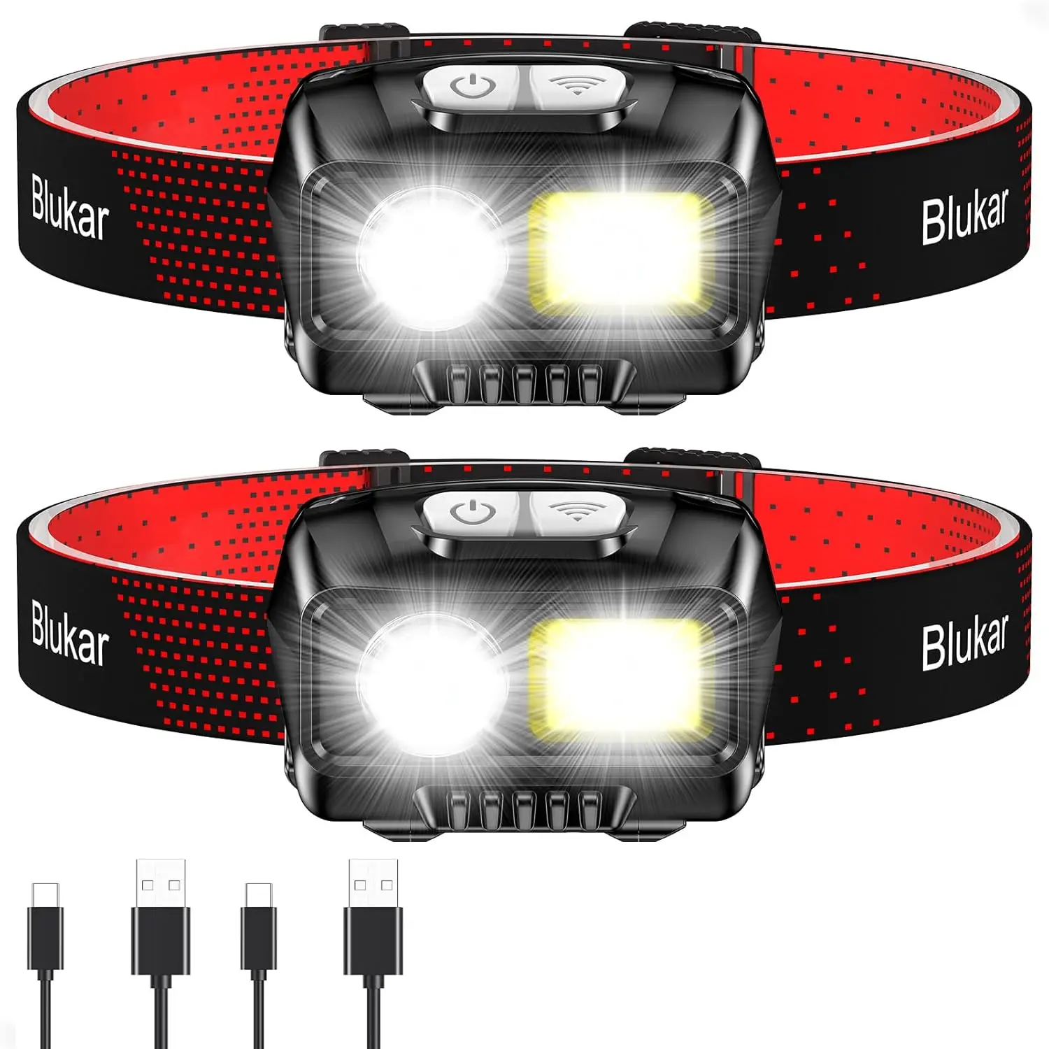 Blukar K9111 im Vergleich nachhaltiger Stirnlampen mit wiederaufladbarem Akku, acht Lichtmodi und Bewegungssensor.