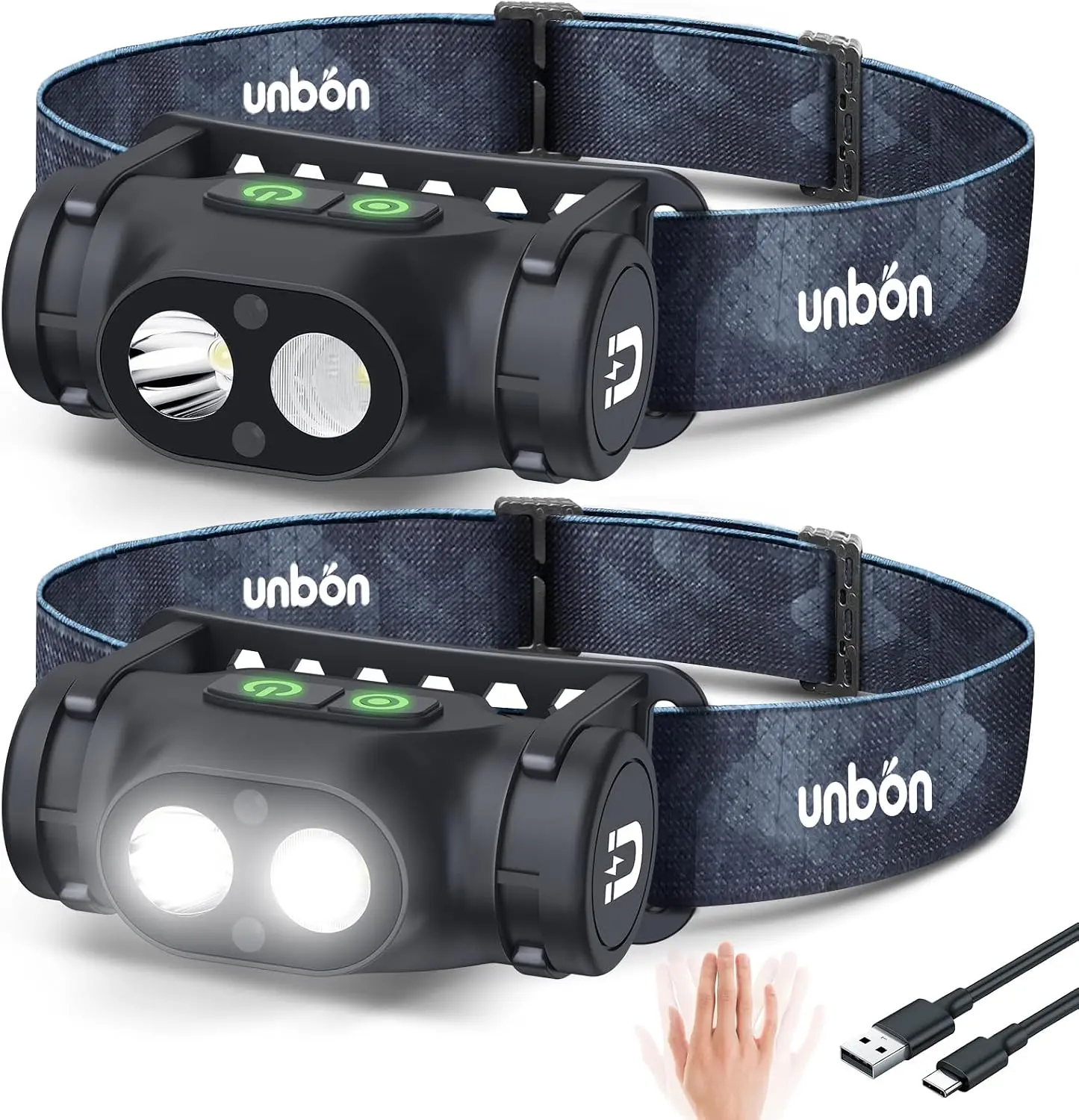 UNBON UN-OS001 im Vergleich nachhaltiger Stirnlampen mit wiederaufladbarem 1500-mAh-Akku, drei Lichtmodi und magnetischem Sockel.