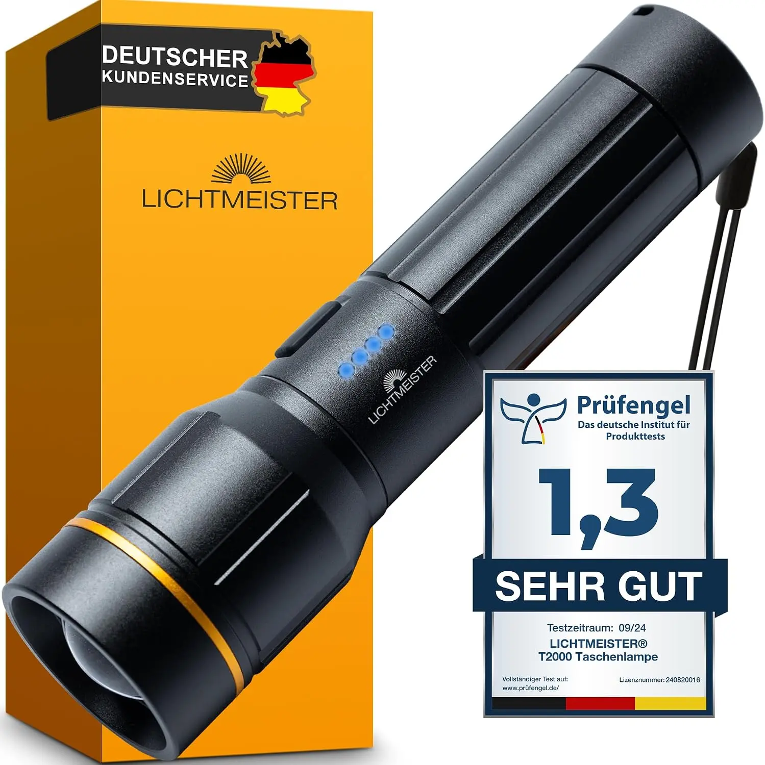 Die LICHTMEISTER LM_T2000 als leistungsstarke LED-Taschenlampe mit wiederaufladbarem Akku und Aluminiumgehäuse
