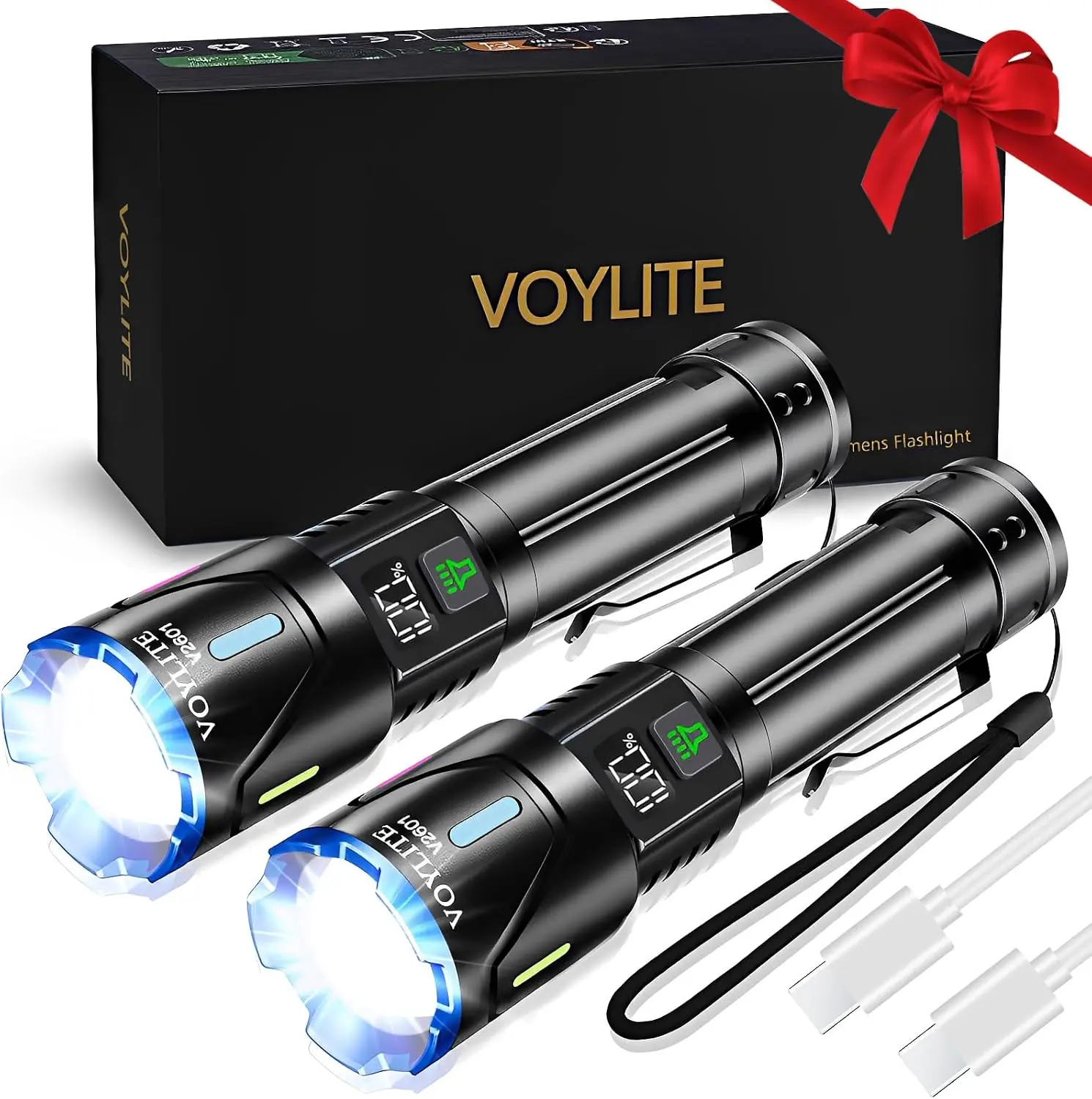 Zwei wiederaufladbare VOYLITE LED-Taschenlampen mit Aluminiumgehäuse für Alltag, Camping und Outdoor-Aktivitäten.